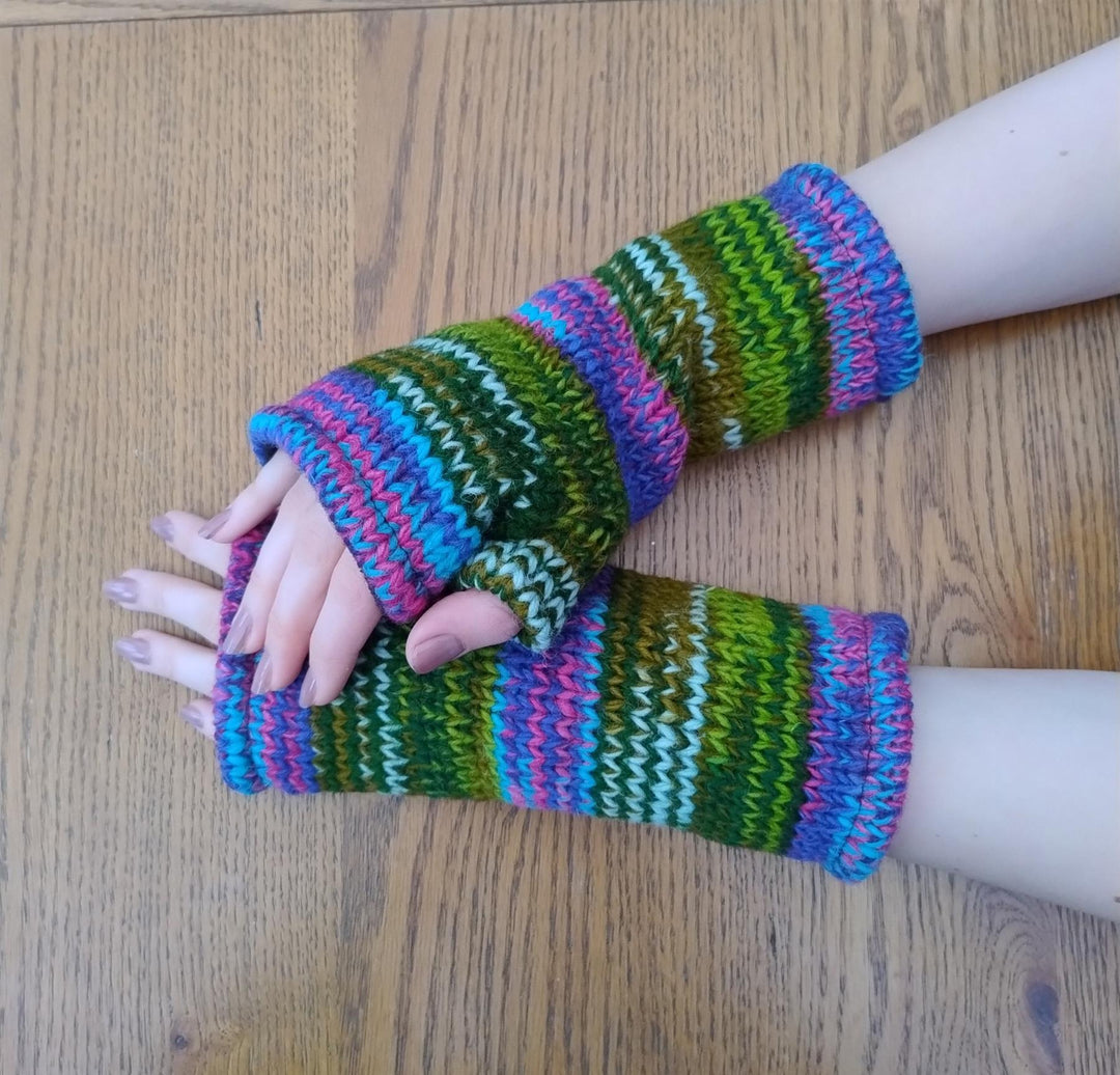 Wool Knit Fleece Lined  Wrist Warmers - SD Green Pink