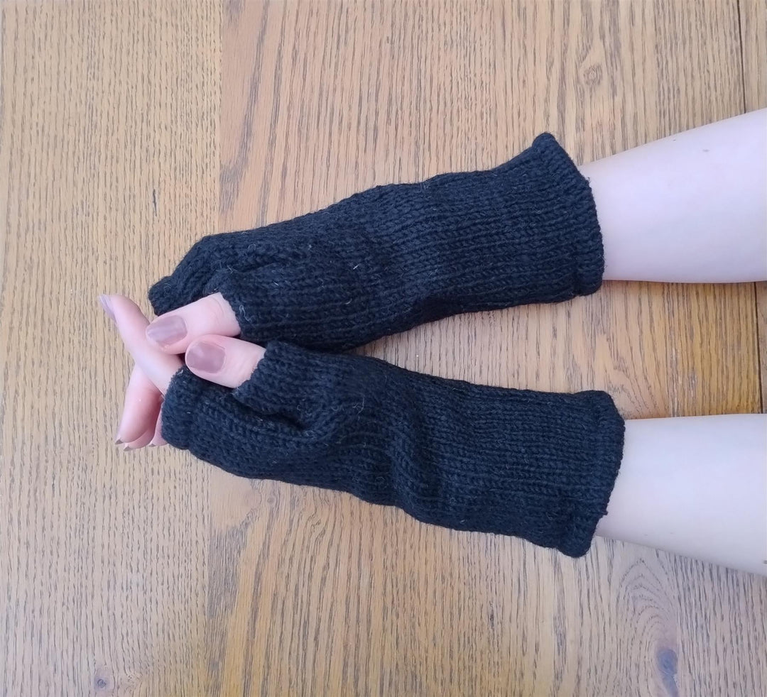 Wool Knit Fleece Lined  Wrist Warmers - Plain Black