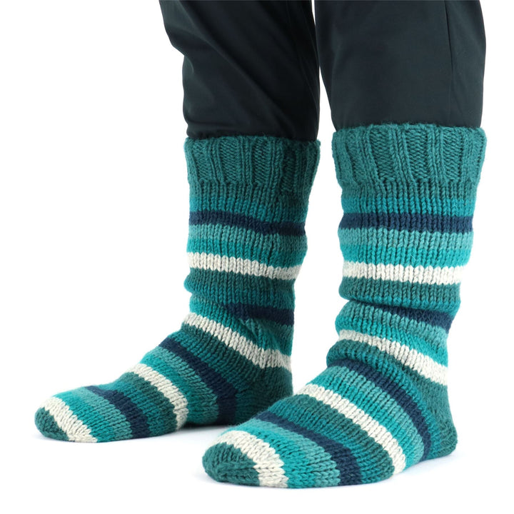 Hand Knitted Wool Slipper Socks - Stripe Teal