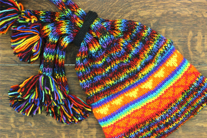 Hand Knitted Beanie Fountain Tassel Hat - SD Black Rainbow Orange