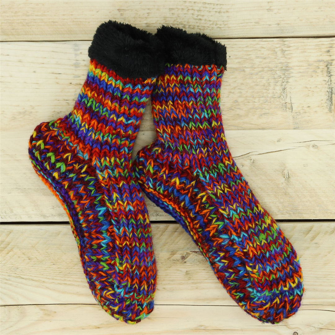 Hand Knitted Wool Slipper Socks - SD Rainbow