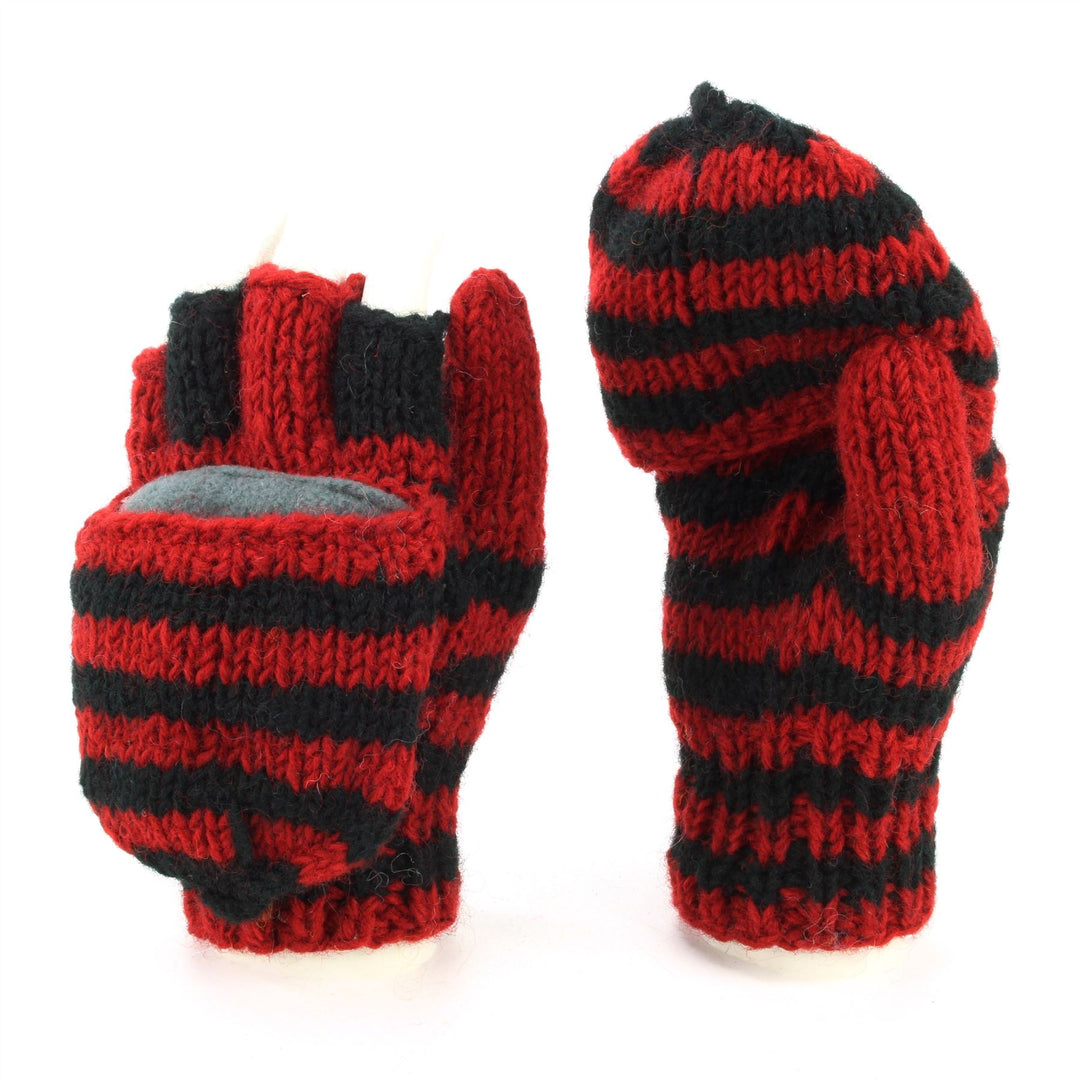 Hand Knitted Wool Shooter Gloves - Stripe Red Black