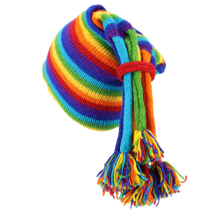 Hand Knitted Beanie Fountain Tassel Hat - Stripe Bright Rainbow