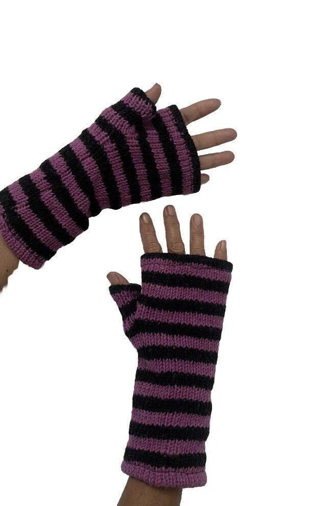 Wool Knit Fleece Lined  Wrist Warmers - Stripe Cerise Black