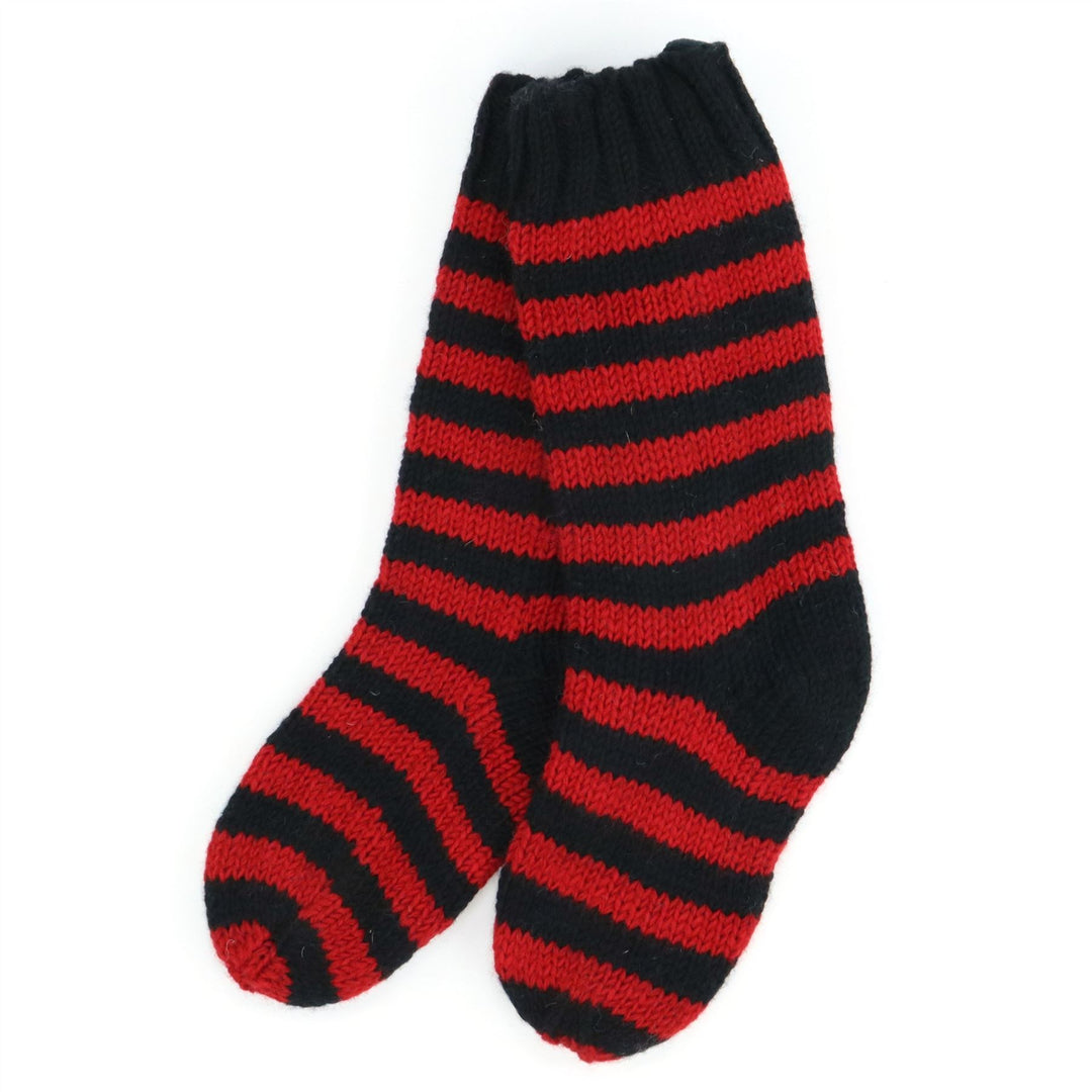 Hand Knitted Wool Slipper Socks - Stripe Red Black