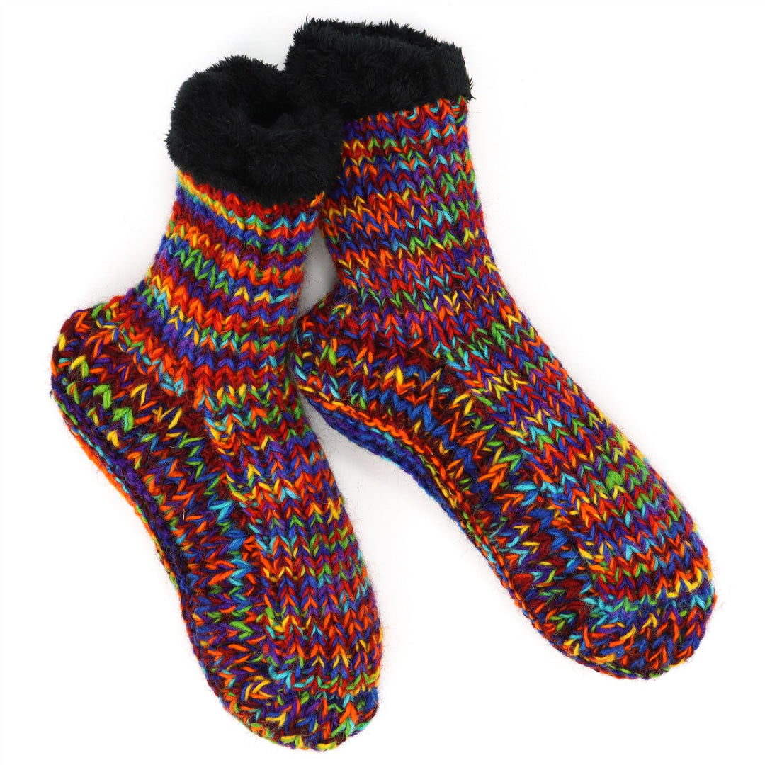 Hand Knitted Wool Slipper Socks - SD Rainbow