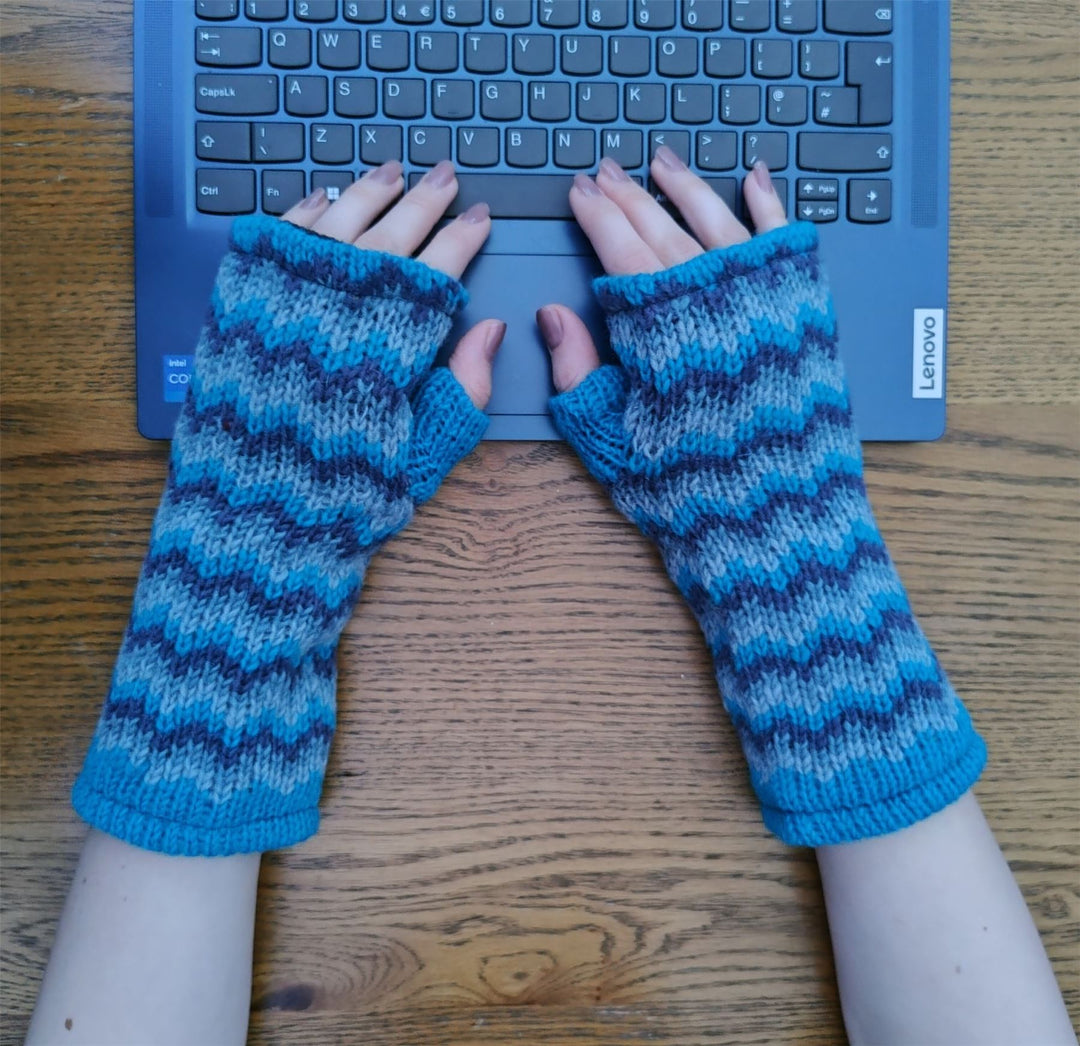 Wool Knit Fleece Lined  Wrist Warmers - Zig Zag Blue