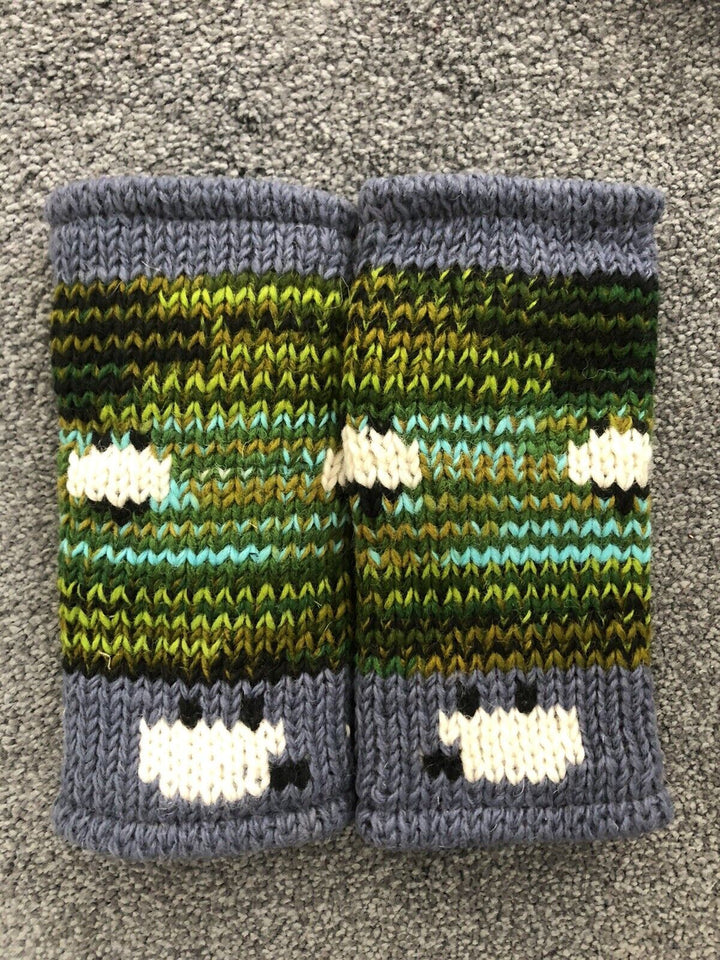 Wool Knit Fleece Lined  Wrist Warmers - Sheep Green Grey