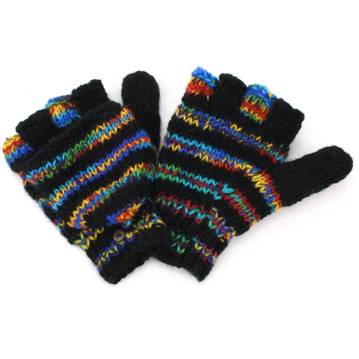 Hand Knitted Wool Shooter Gloves - Stripe Black Rainbow SD