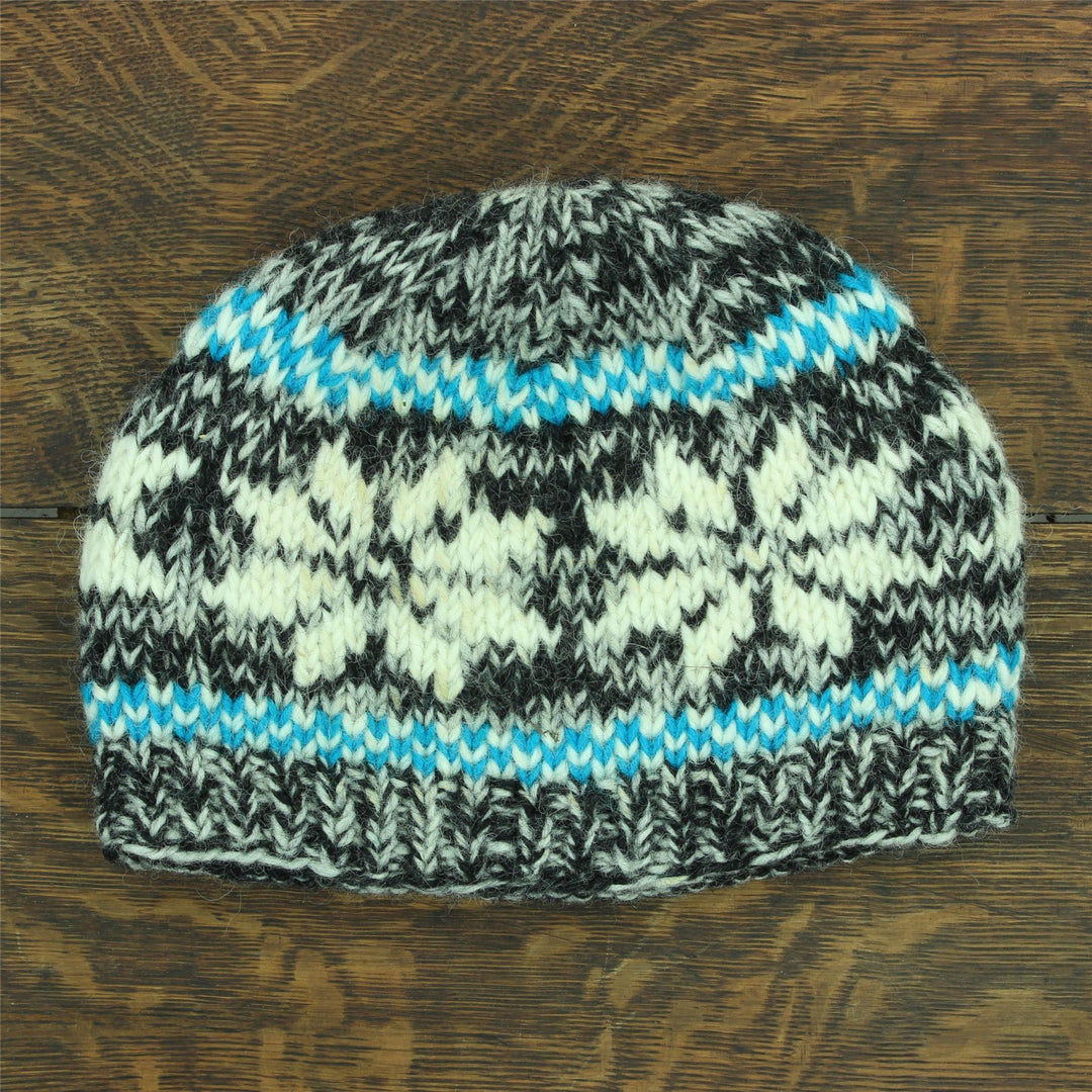 Hand Knitted Wool Beanie Hat - Snowflake Grey Turquoise