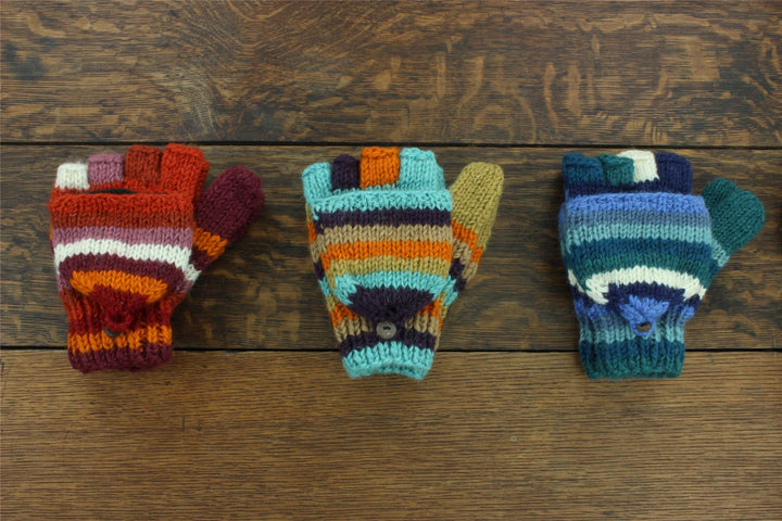 Hand Knitted Wool Shooter Gloves - Stripe Rasta