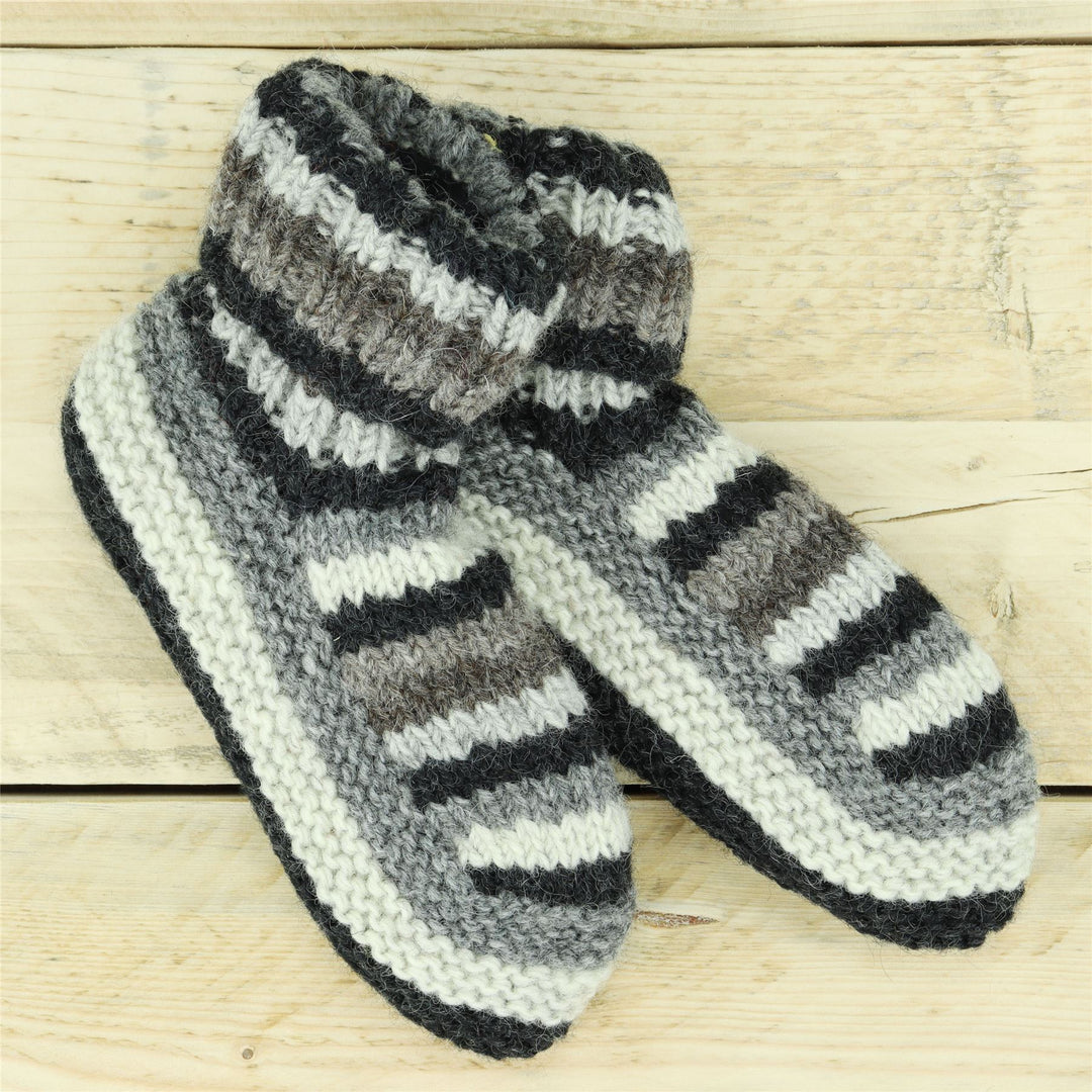 Hand Knitted Wool Slipper Socks - Stripe Natural