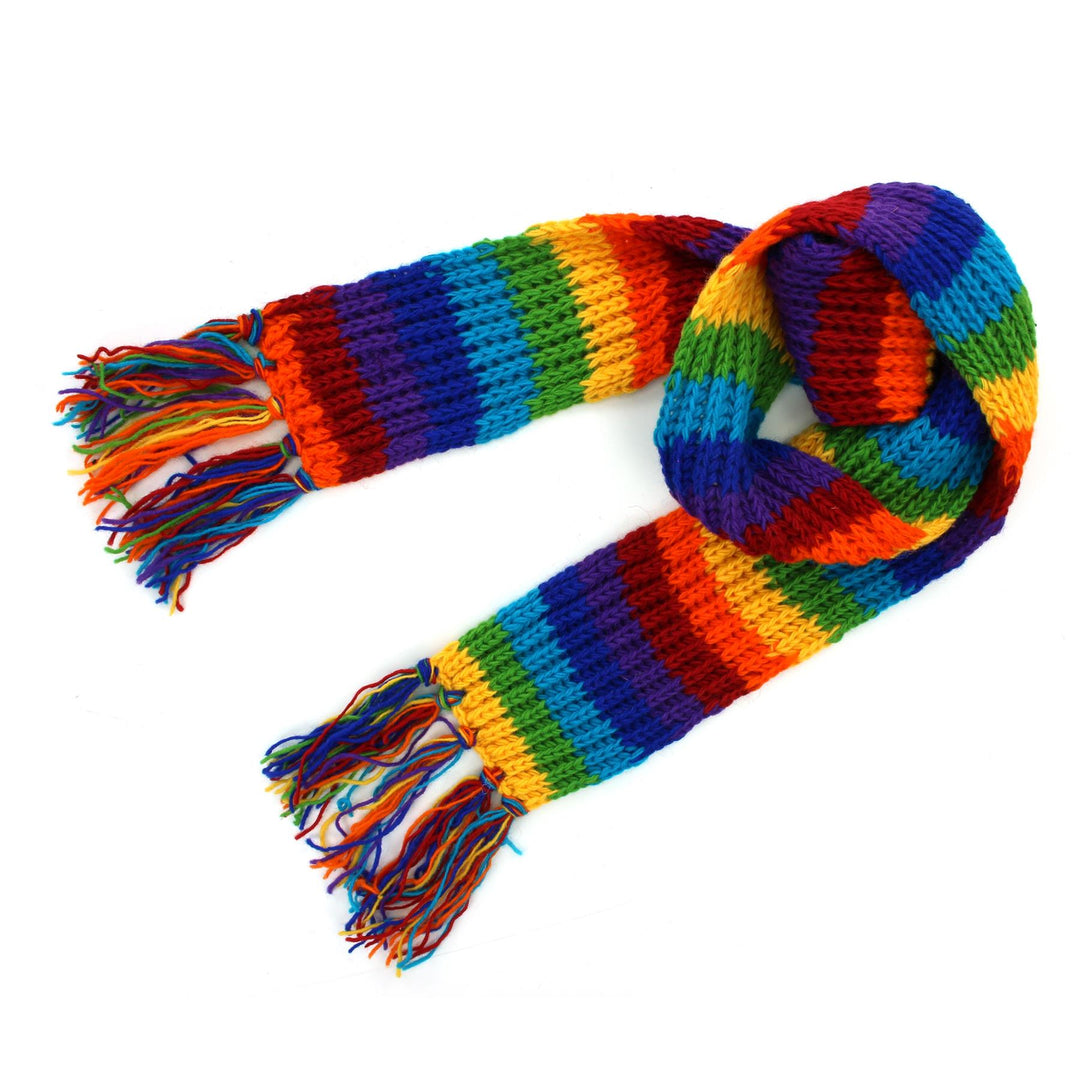 Hand Knitted Wool Scarf - Stripe Bright Rainbow