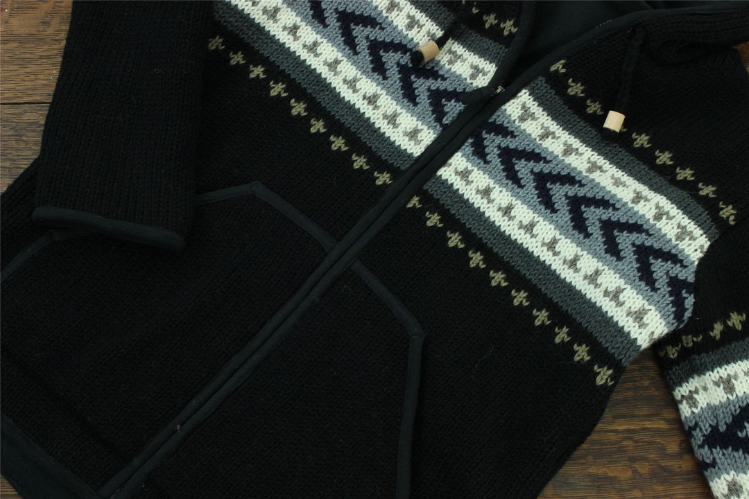 Wool Knit Chevron Hooded Jacket - Black