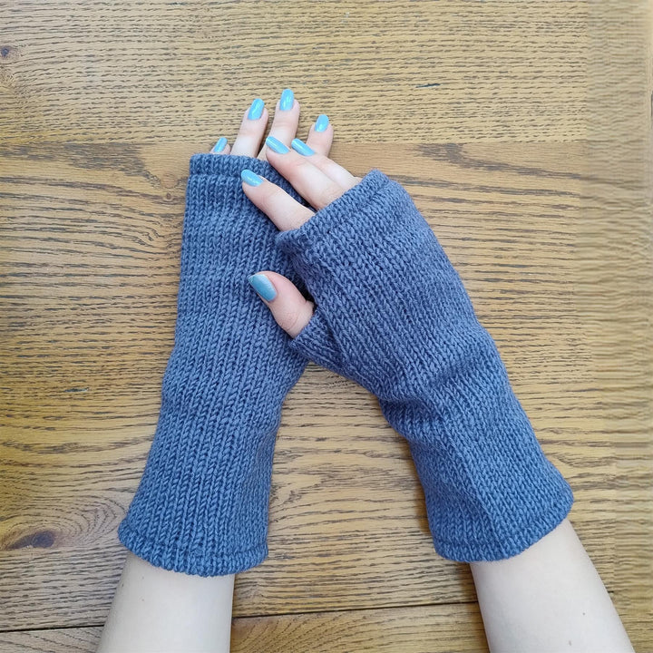 Wool Knit Fleece Lined  Wrist Warmers - Plain Grey Blue