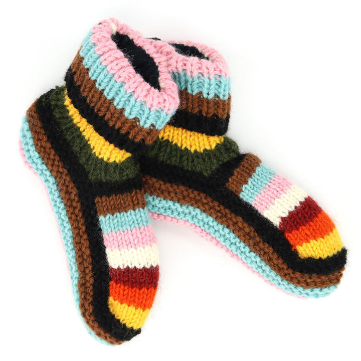 Hand Knitted Wool Slipper Socks - Stripe Progress Rainbow