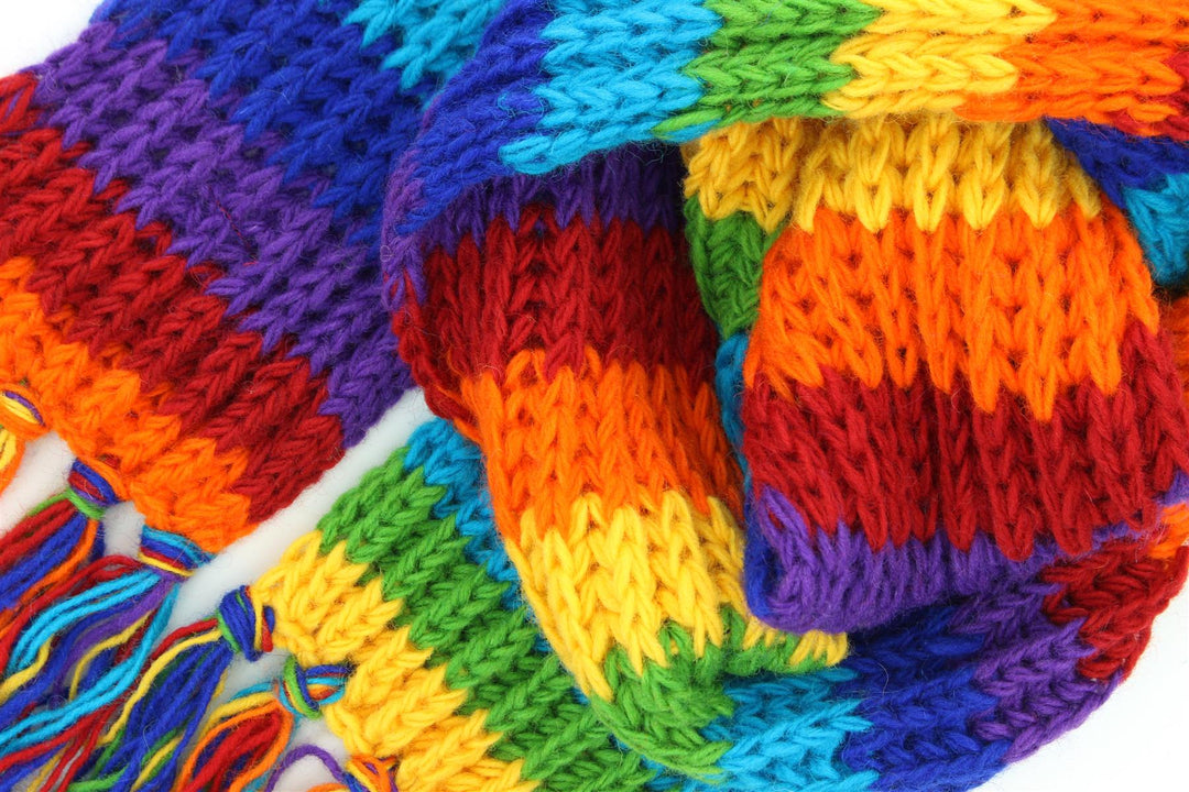 Hand Knitted Wool Scarf - Stripe Bright Rainbow