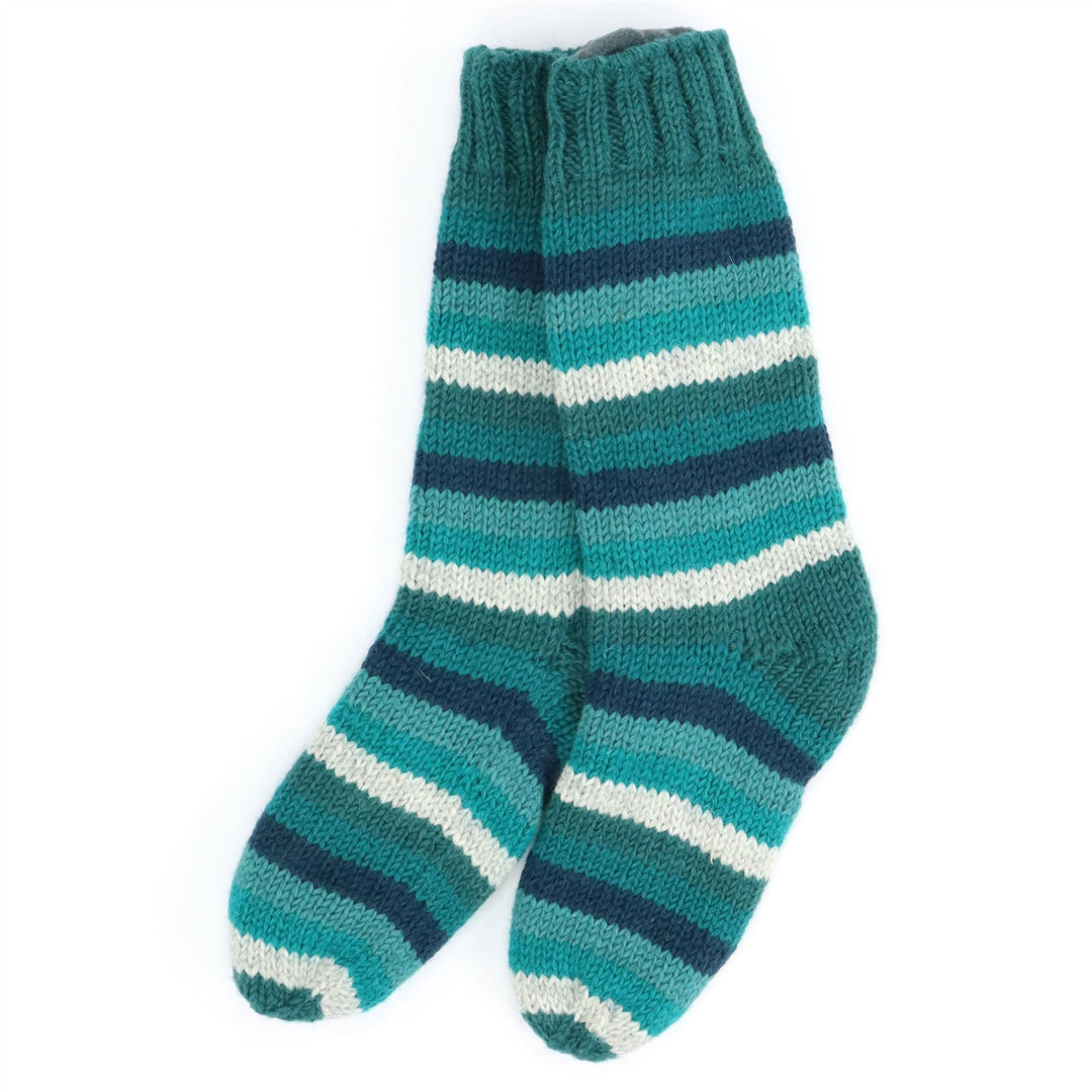 Hand Knitted Wool Slipper Socks - Stripe Teal