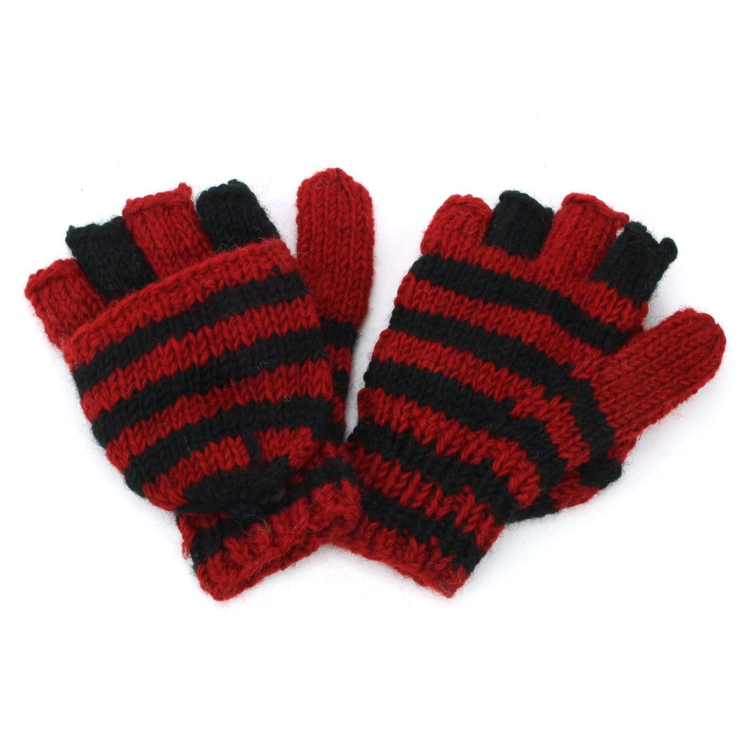 Hand Knitted Wool Shooter Gloves - Stripe Red Black