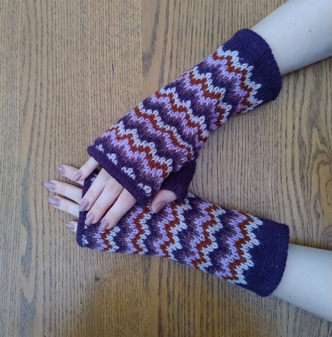 Wool Knit Fleece Lined  Wrist Warmers - Zig Zag Purple