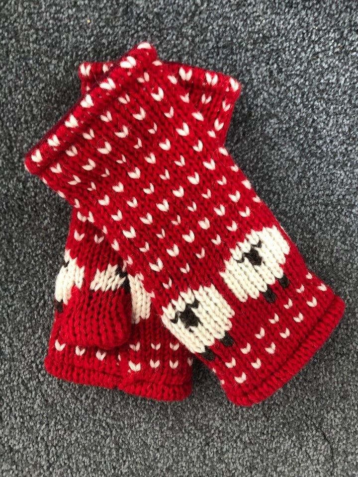 Wool Knit Fleece Lined  Wrist Warmers - Sheep Red