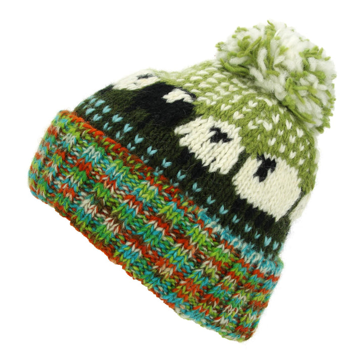 Hand Knitted Wool Beanie Bobble Hat - Sheep - Green Multi