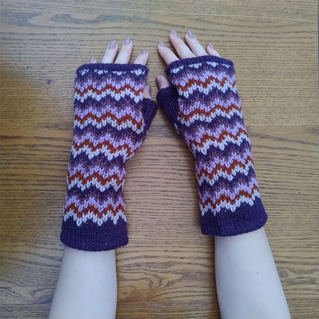 Wool Knit Fleece Lined  Wrist Warmers - Zig Zag Purple