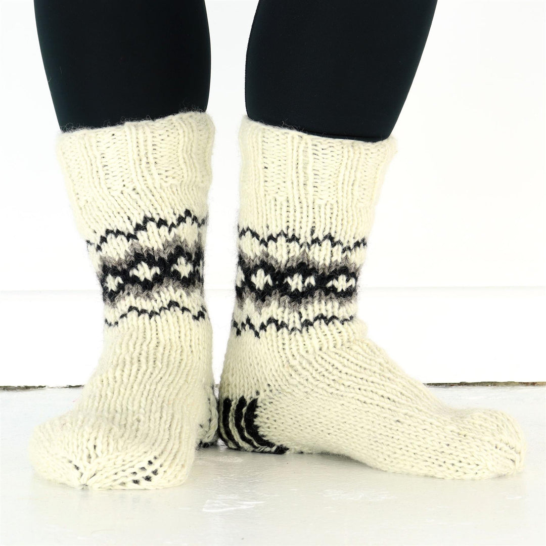 Hand Knitted Wool Slipper Socks Lined - Fairisle Cream