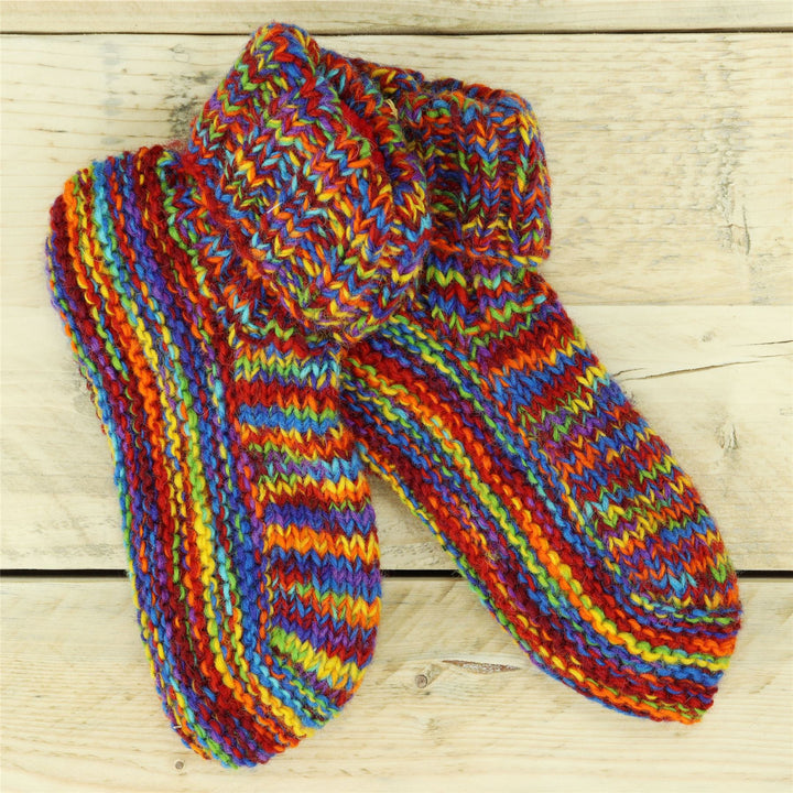 Hand Knitted Wool Slipper Socks - SD Rainbow