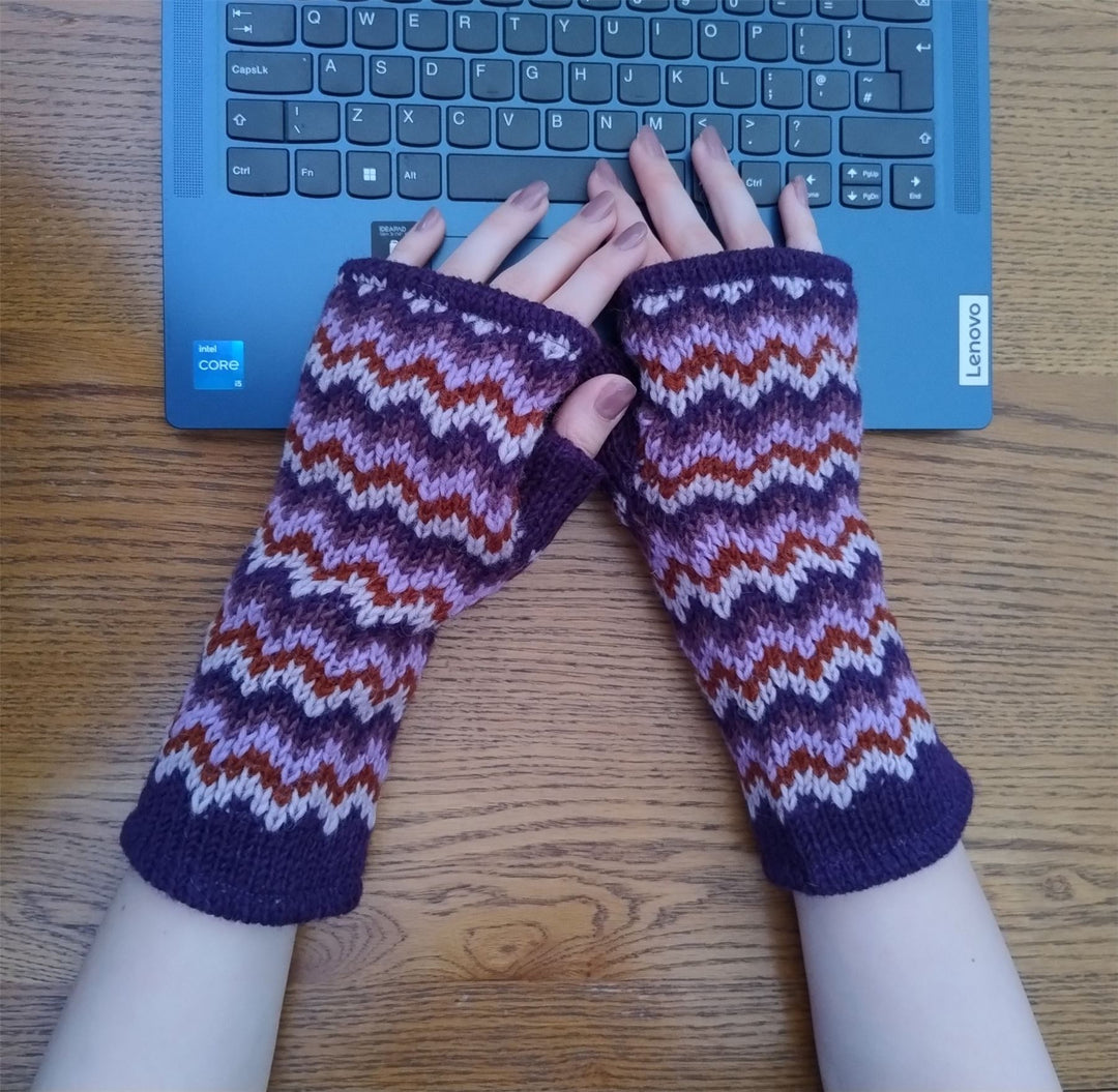 Wool Knit Fleece Lined  Wrist Warmers - Zig Zag Purple