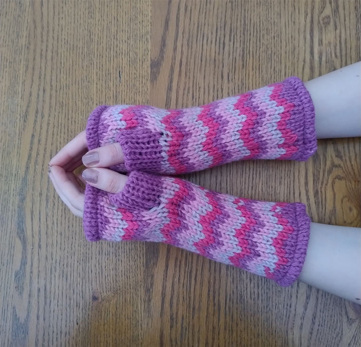 Wool Knit Fleece Lined  Wrist Warmers - Zig Zag Pink