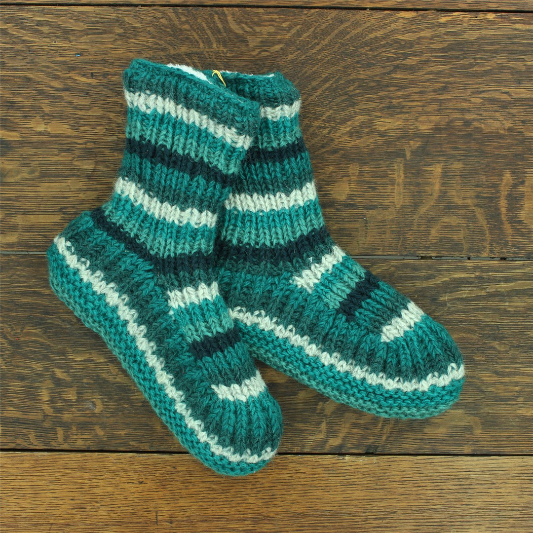 Hand Knitted Wool Slipper Socks - Stripe Teal