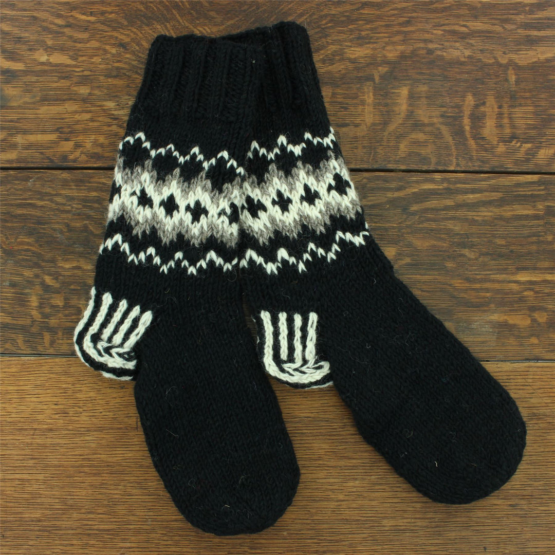 Hand Knitted Wool Slipper Socks Lined - Fairisle Black