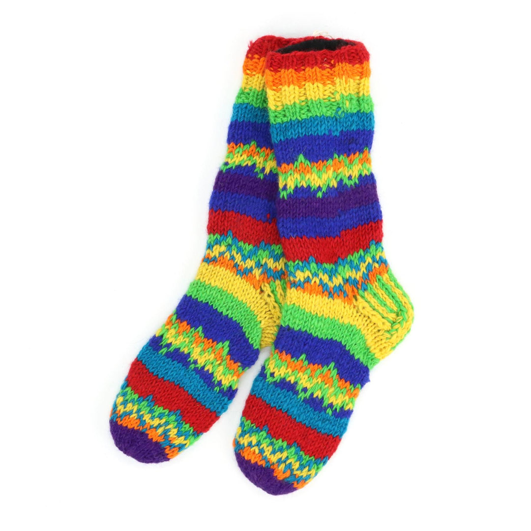 Hand Knitted Wool Slipper Socks Lined - Stripe Rainbow Zig Zag