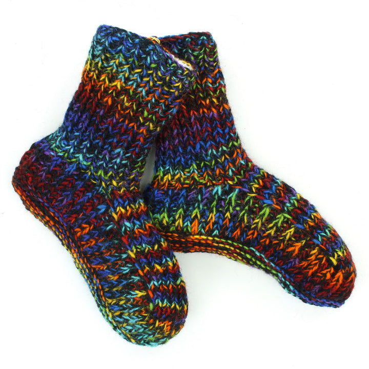 Hand Knitted Wool Slipper Socks - SD Black Rainbow