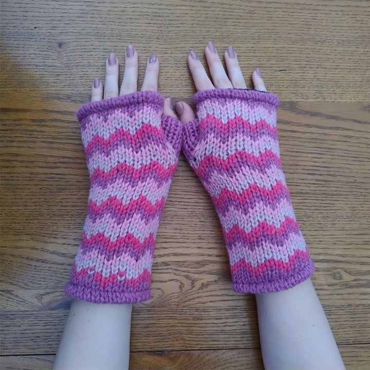 Wool Knit Fleece Lined  Wrist Warmers - Zig Zag Pink