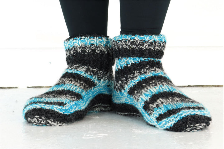 Hand Knitted Wool Slipper Socks - SD Light Blue Charcoal