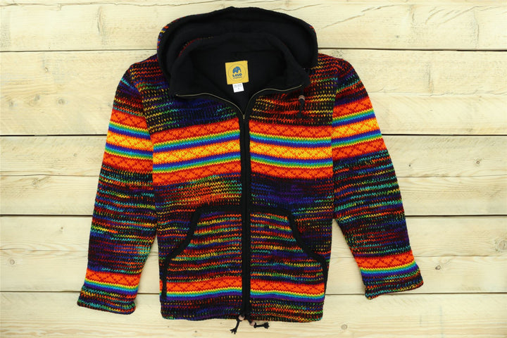 Hand Knitted Wool Hooded Jacket Cardigan - SD Black Rainbow Orange