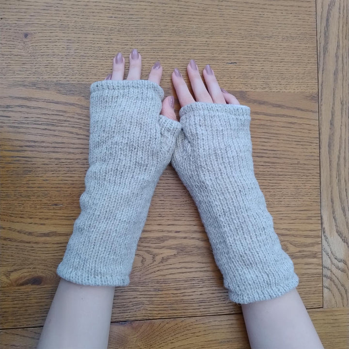 Wool Knit Fleece Lined  Wrist Warmers - Plain Cream