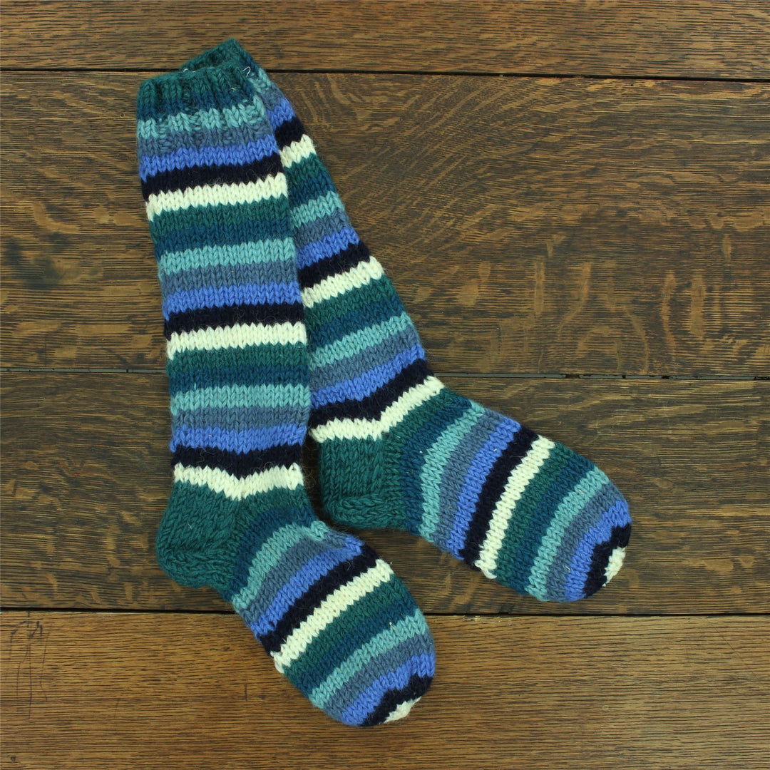 Hand Knitted Wool Long Socks - Stripe Blue White