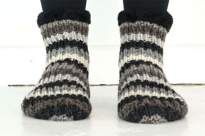 Hand Knitted Wool Slipper Socks - Stripe Natural