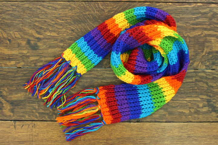 Hand Knitted Wool Scarf - Stripe Bright Rainbow