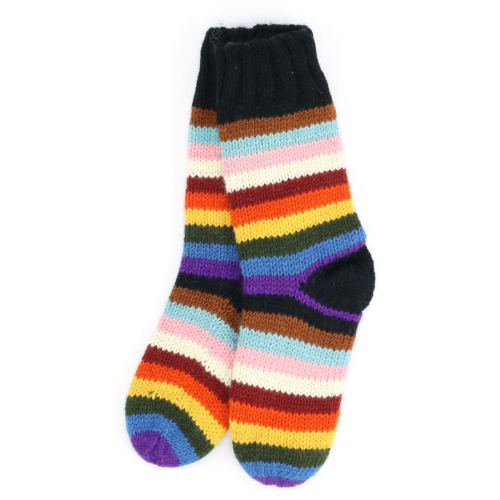 Hand Knitted Wool Slipper Socks - Stripe Progress Rainbow