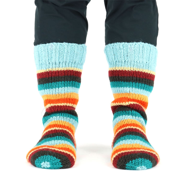 Hand Knitted Wool Slipper Socks - Stripe Retro D