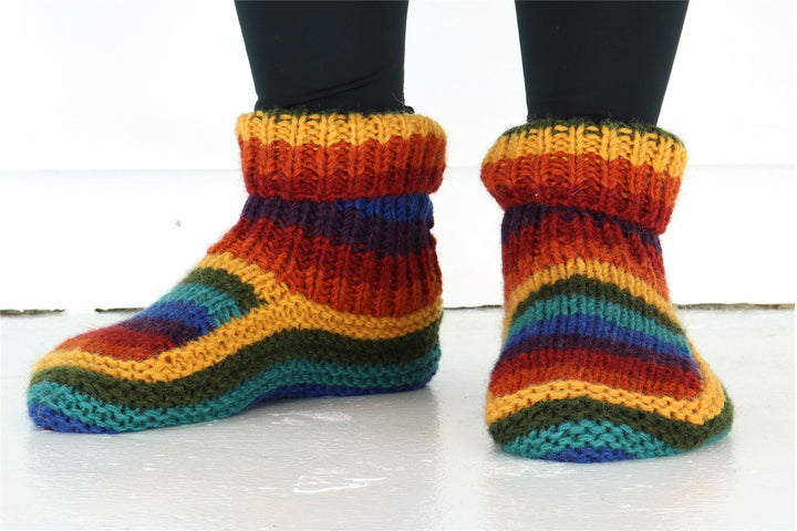 Hand Knitted Wool Slipper Socks - Stripe Dark Rainbow