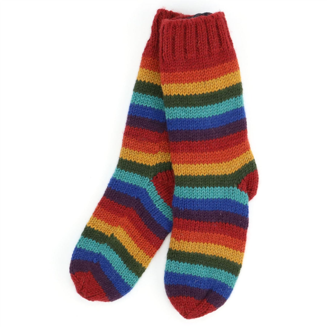 Hand Knitted Wool Slipper Socks - Stripe Dark Rainbow