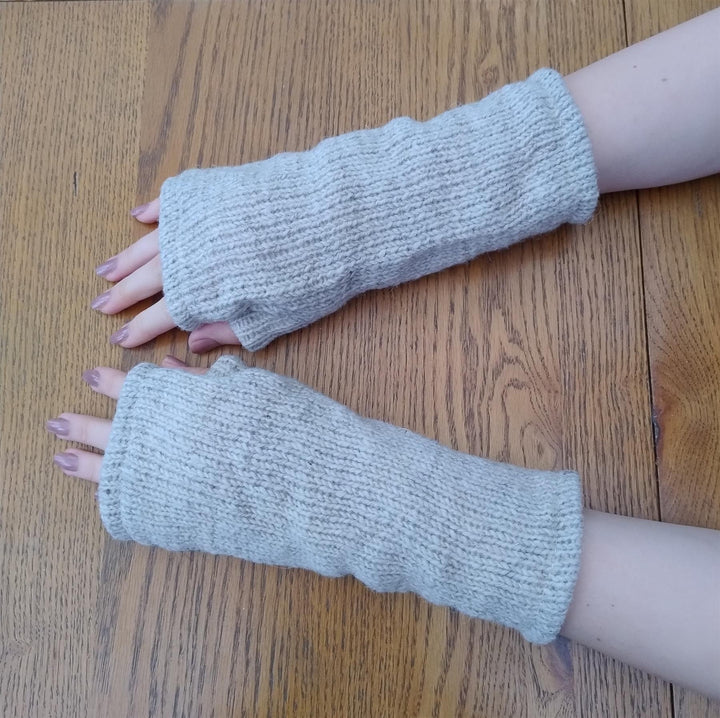 Wool Knit Fleece Lined  Wrist Warmers - Plain Cream