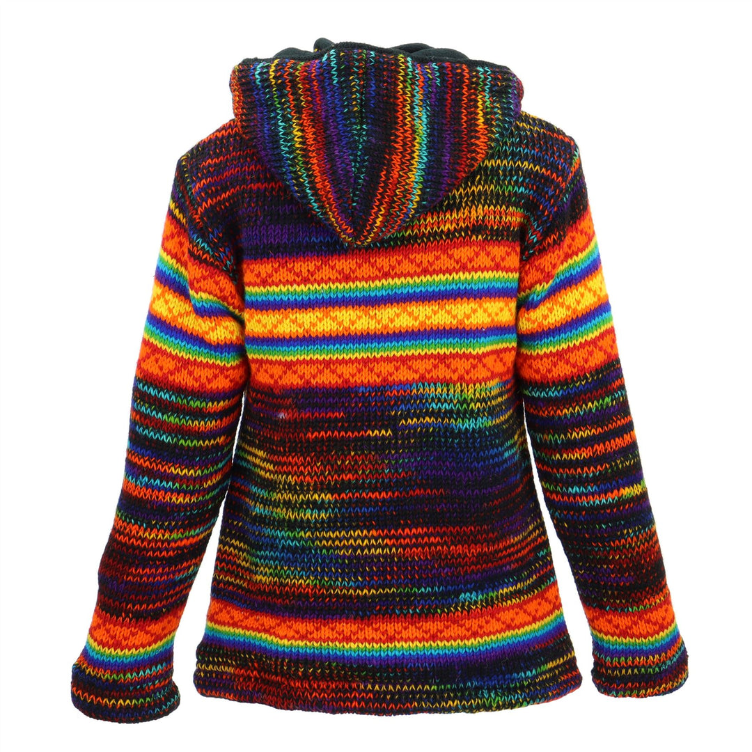 Hand Knitted Wool Hooded Jacket Cardigan Ladies Cut - SD Black Rainbow Orange