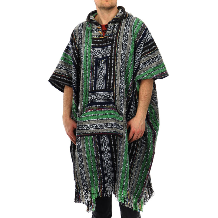 Brushed Cotton Long Hooded Poncho - Green