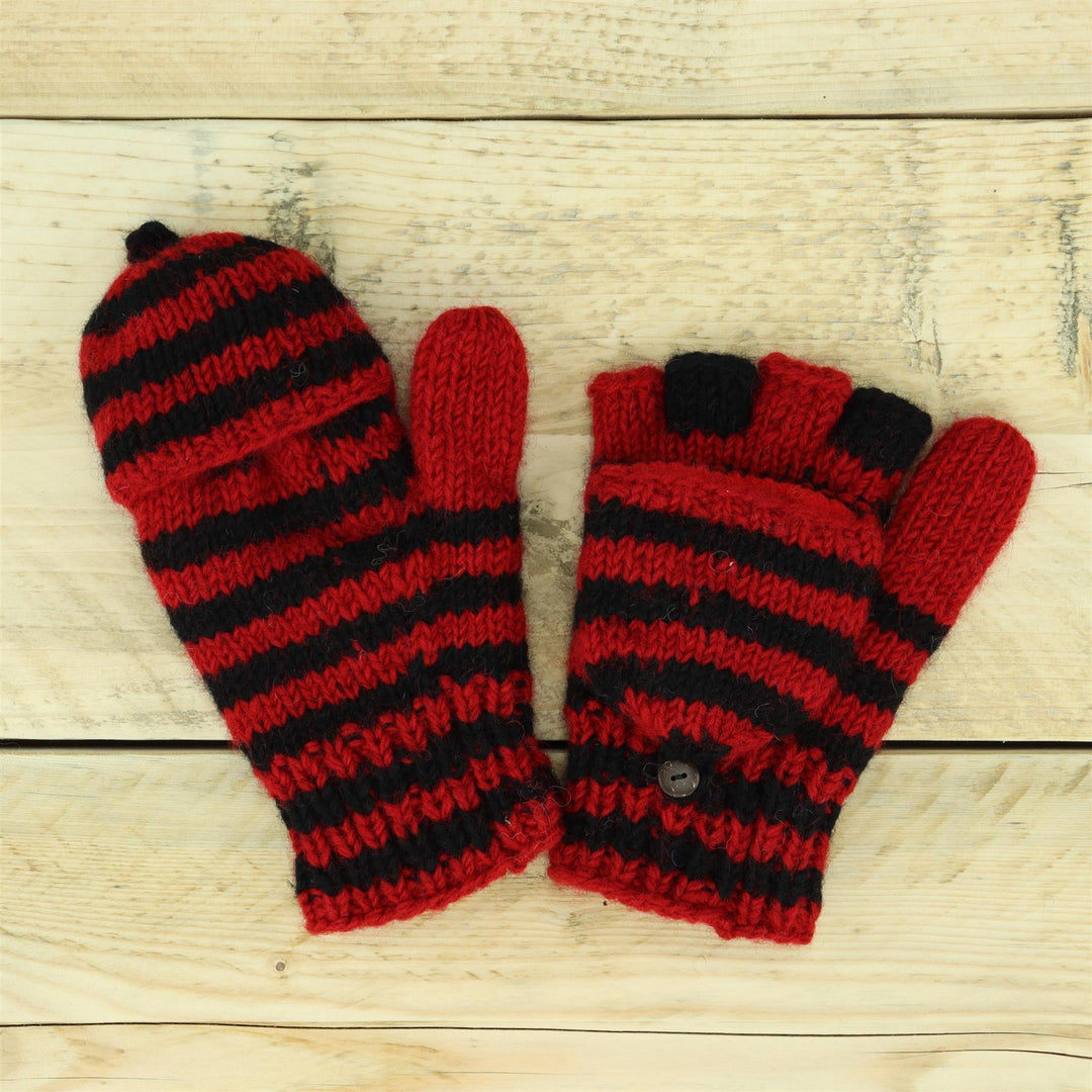 Hand Knitted Wool Shooter Gloves - Stripe Red Black